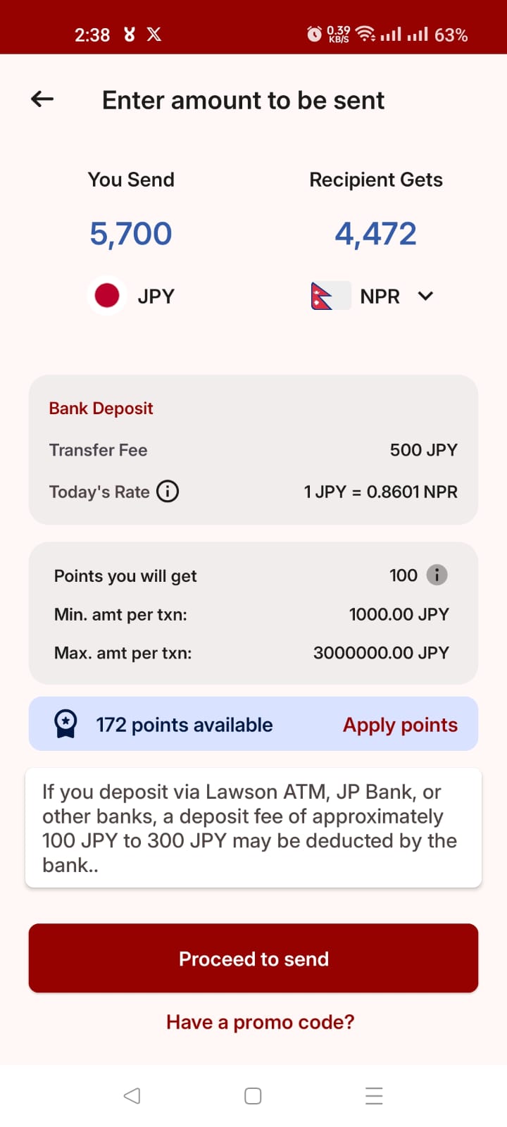 Japan Remit app screen — Enter the amount