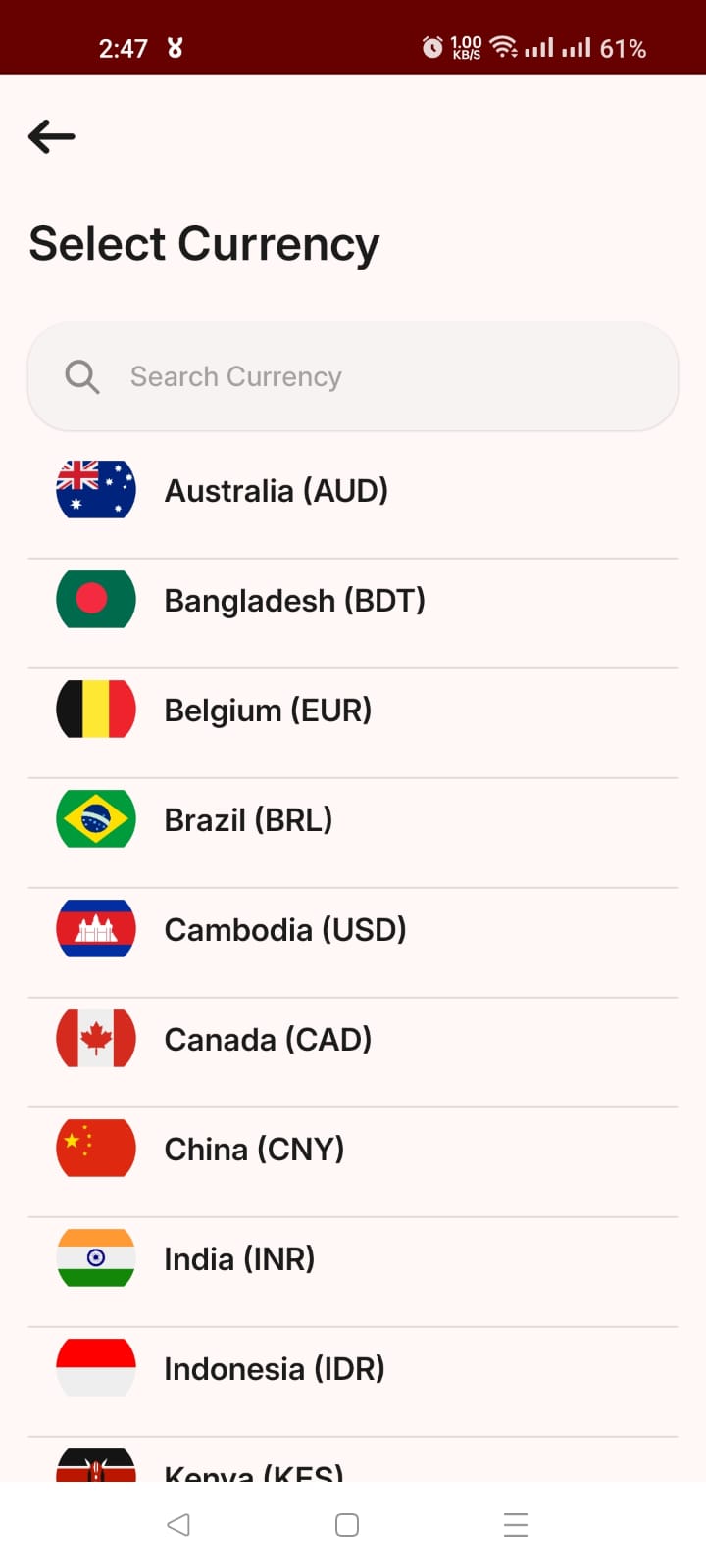 Japan Remit app screen — Choose the destination
