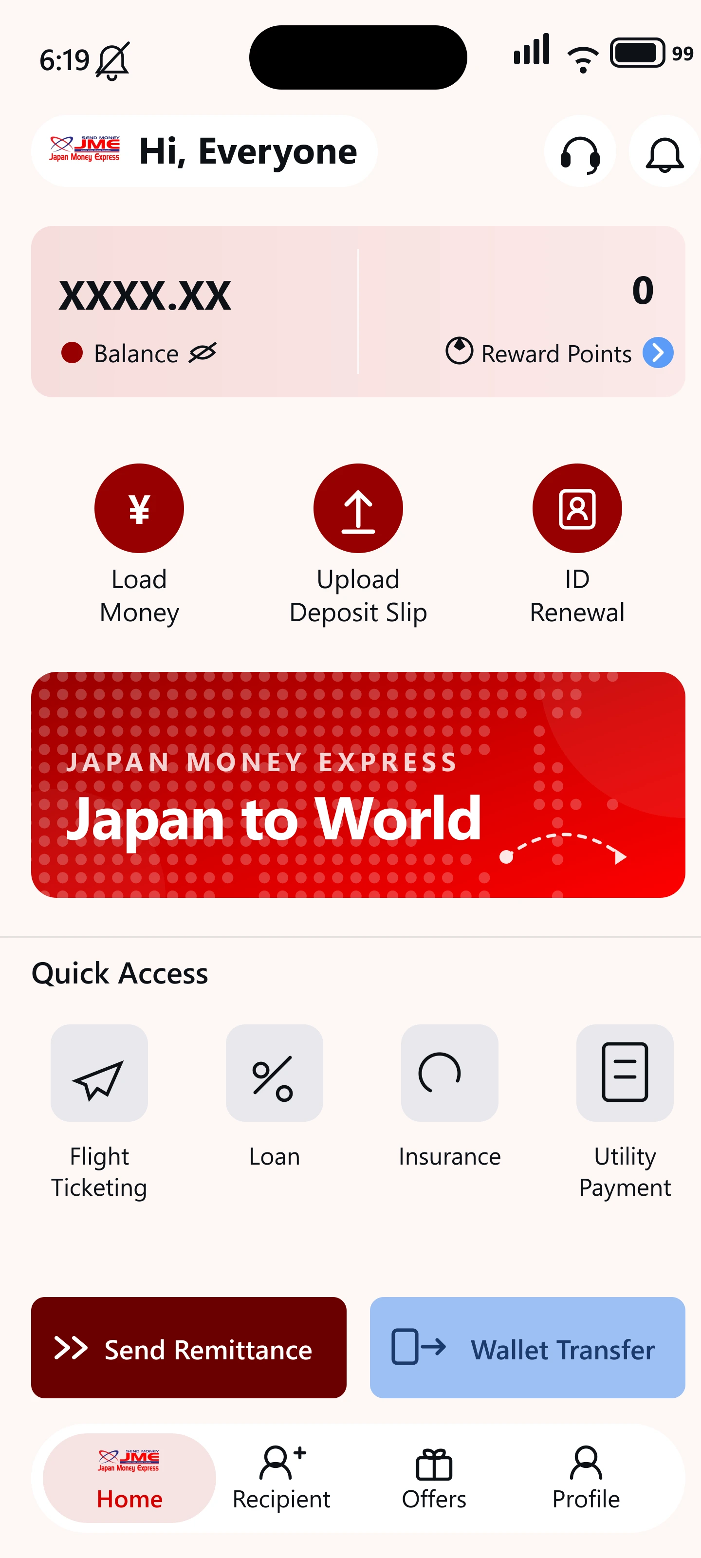The JME app home screen, showing balance, quick actions and the Japan to World banner