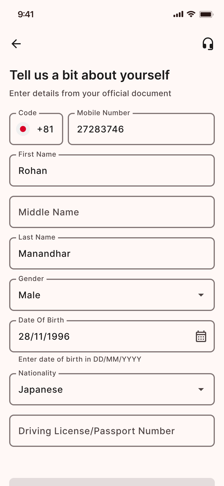 Japan Remit app screen — Tell us about yourself