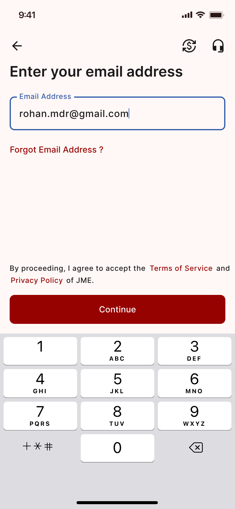 Japan Remit app screen — Enter your email