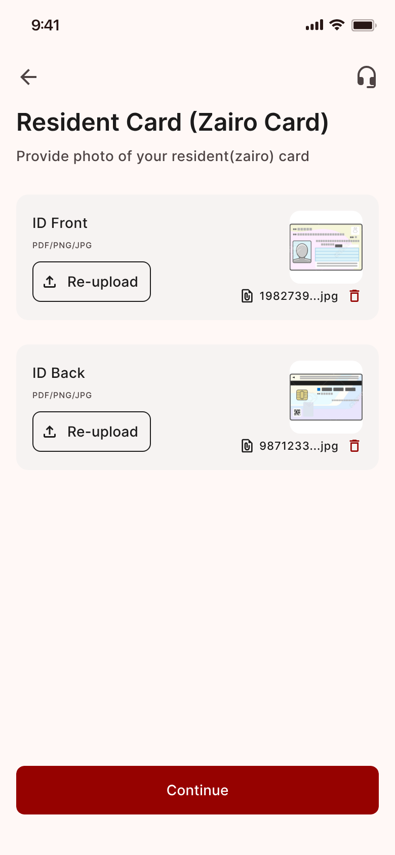 Japan Remit app screen — Upload your residence card